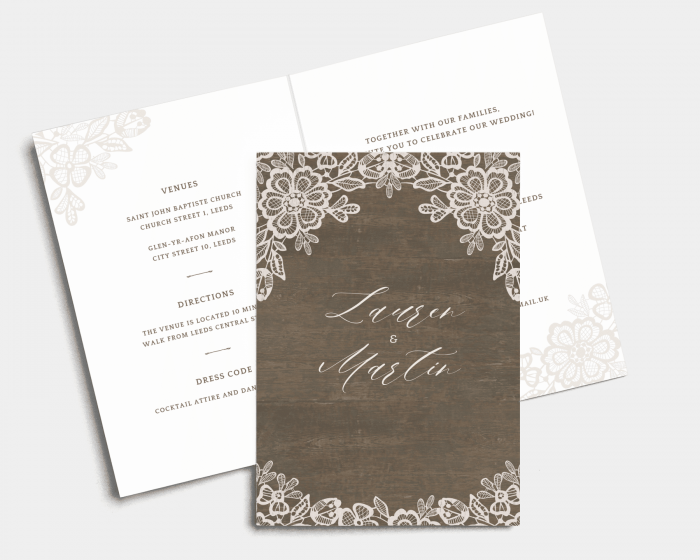 Woodgrain Lace - Wedding Invitation - Folded Card (portrait)